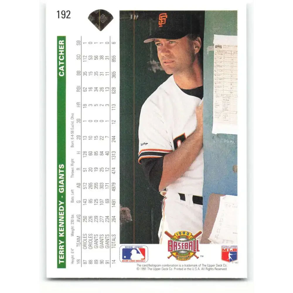 1992 Upper Deck #192 Terry Kennedy NM-MT San Francisco Giants Baseball Card - Baseball Card Single