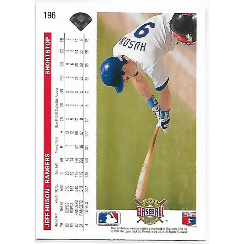 1992 Upper Deck #196 Jeff Huson NM-MT Texas Rangers Baseball Card - Baseball Card Single