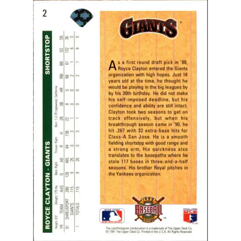 1992 Upper Deck #2 Royce Clayton SR NM-MT RC Rookie San Francisco Giants Baseball Card - Baseball Card Single