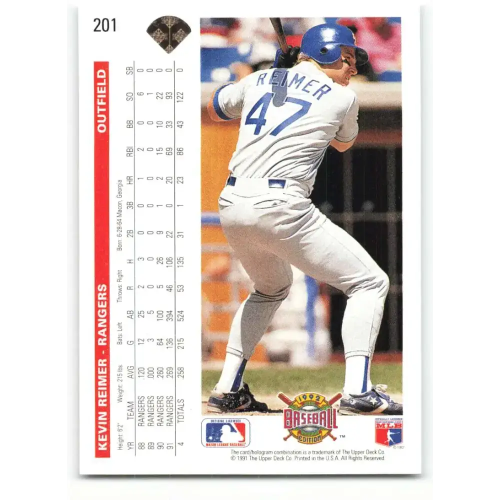 1992 Upper Deck #201 Kevin Reimer NM-MT Texas Rangers Baseball Card - Baseball Card Single