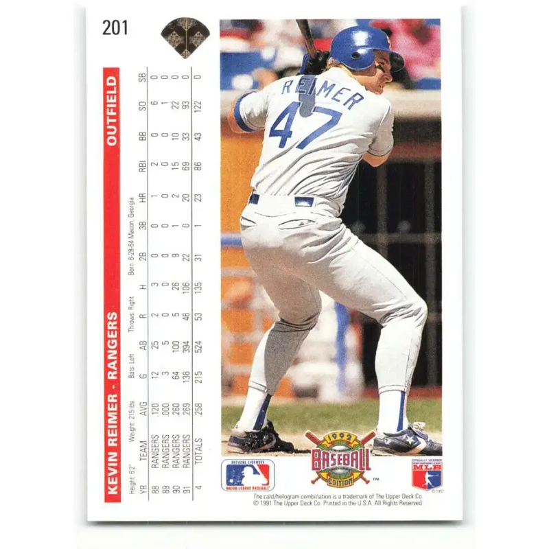 1992 Upper Deck #201 Kevin Reimer NM-MT Texas Rangers Baseball Card - Baseball Card Single