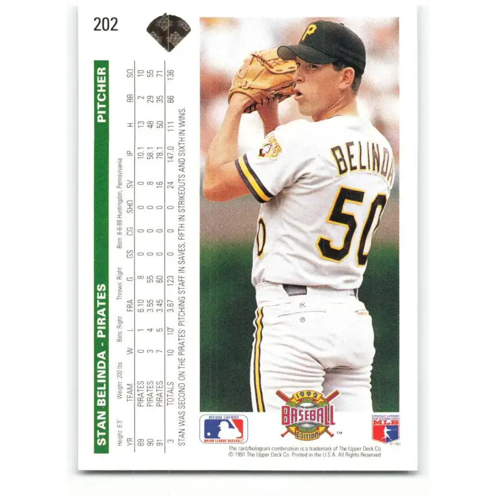 1992 Upper Deck #202 Stan Belinda NM-MT Pittsburgh Pirates Baseball Card - Baseball Card Single