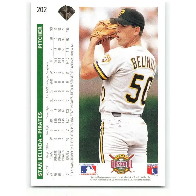 1992 Upper Deck #202 Stan Belinda NM-MT Pittsburgh Pirates Baseball Card - Baseball Card Single