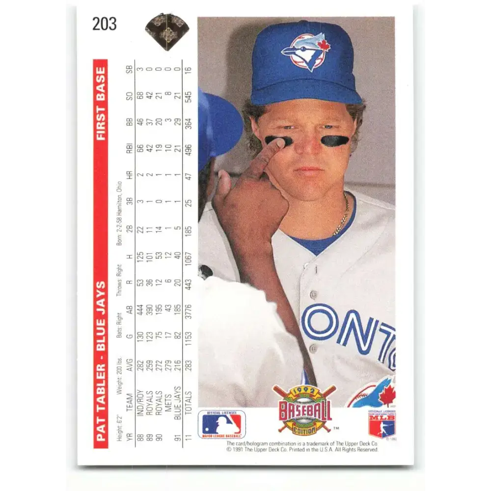 1992 Upper Deck #203 Pat Tabler NM-MT Toronto Blue Jays Baseball Card - Baseball Card Single