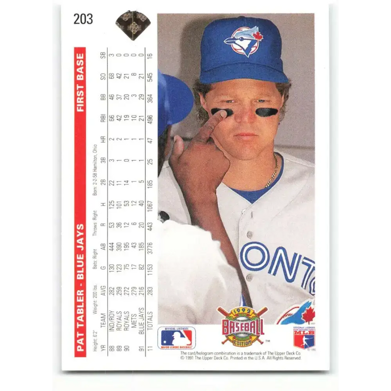 1992 Upper Deck #203 Pat Tabler NM-MT Toronto Blue Jays Baseball Card - Baseball Card Single