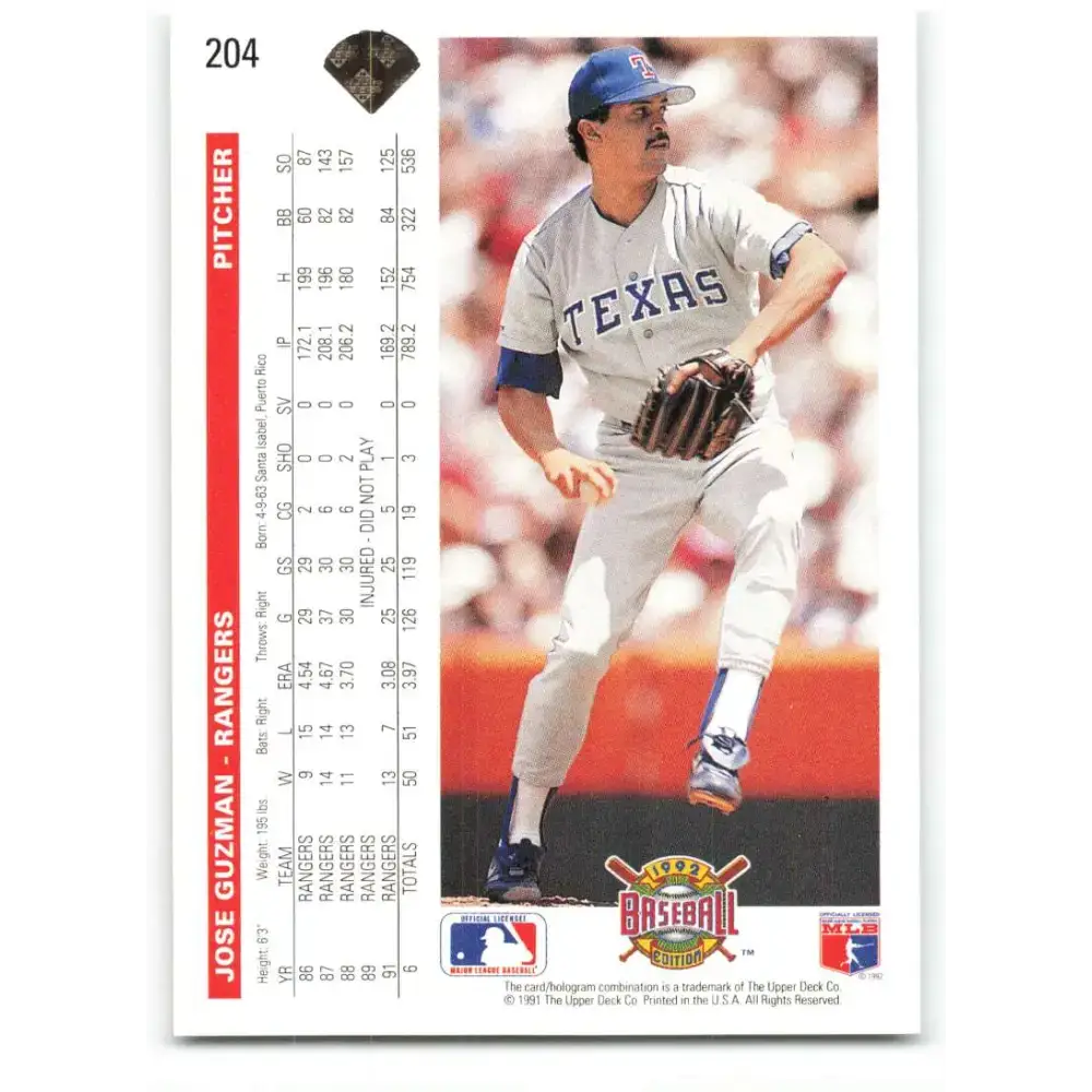 1992 Upper Deck #204 Jose Guzman NM-MT Texas Rangers Baseball Card - Baseball Card Single