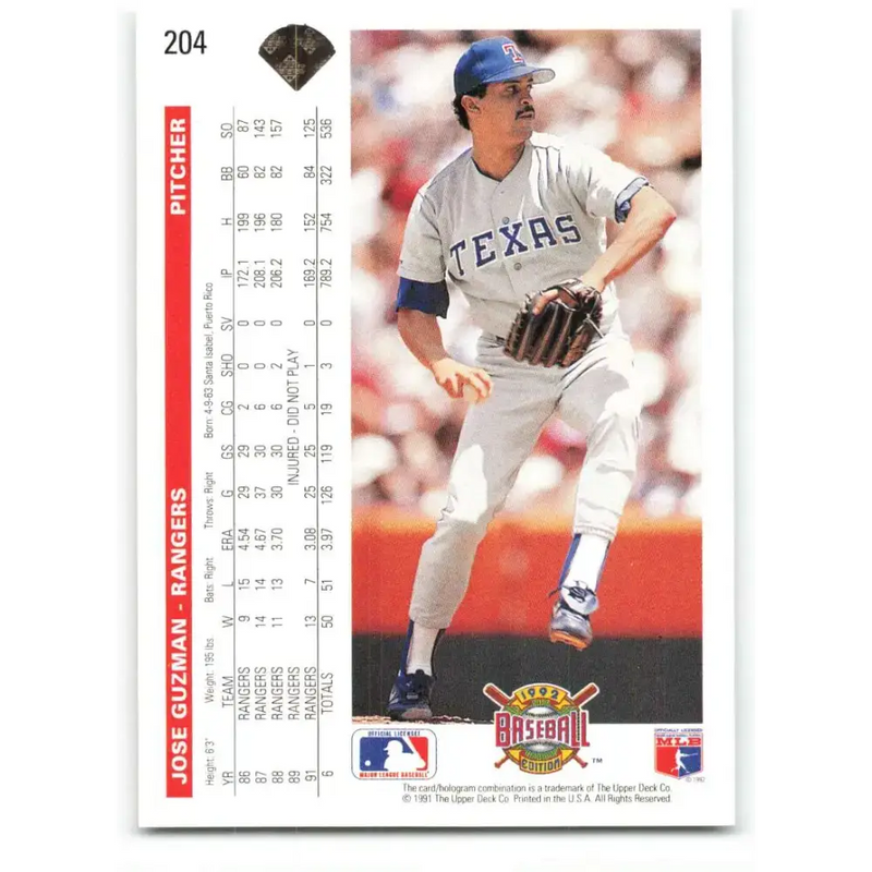 1992 Upper Deck #204 Jose Guzman NM-MT Texas Rangers Baseball Card - Baseball Card Single