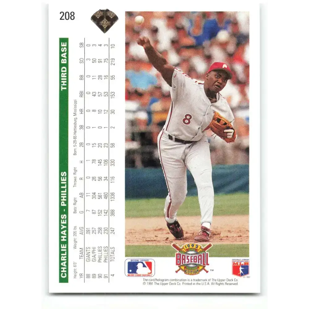 1992 Upper Deck #208 Charlie Hayes NM-MT Philadelphia Phillies Baseball Card - Baseball Card Single