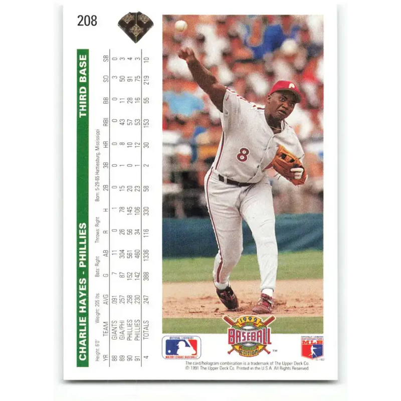 1992 Upper Deck #208 Charlie Hayes NM-MT Philadelphia Phillies Baseball Card - Baseball Card Single