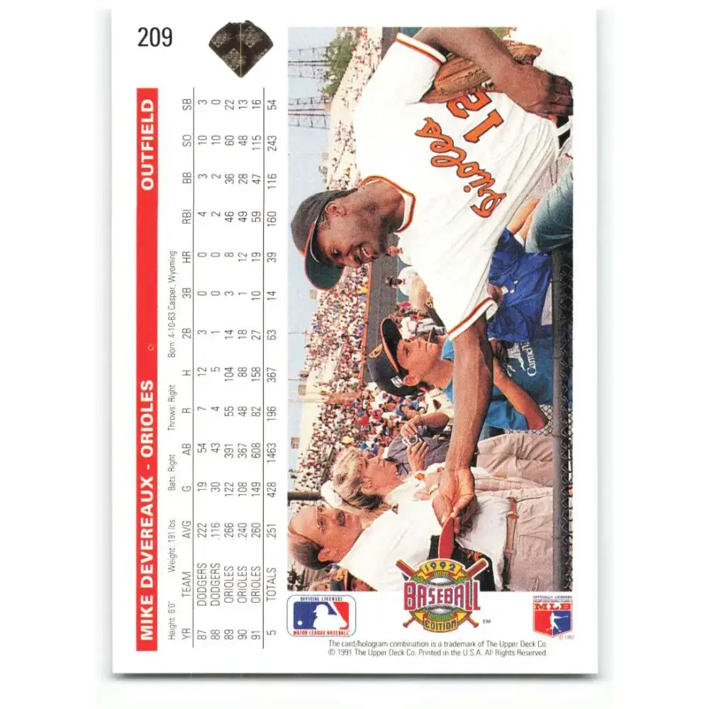 1992 Upper Deck #209 Mike Devereaux NM-MT Baltimore Orioles Baseball Card - Baseball Card Single