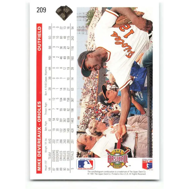 1992 Upper Deck #209 Mike Devereaux NM-MT Baltimore Orioles Baseball Card - Baseball Card Single