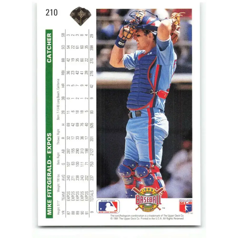 1992 Upper Deck #210 Mike Fitzgerald NM-MT Montreal Expos Baseball Card - Baseball Card Single