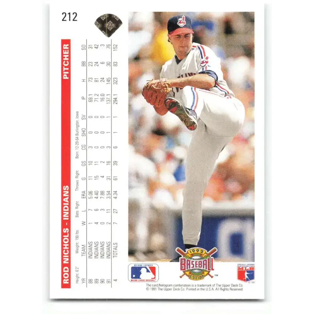 1992 Upper Deck #212 Rod Nichols NM-MT Cleveland Indians Baseball Card - Baseball Card Single