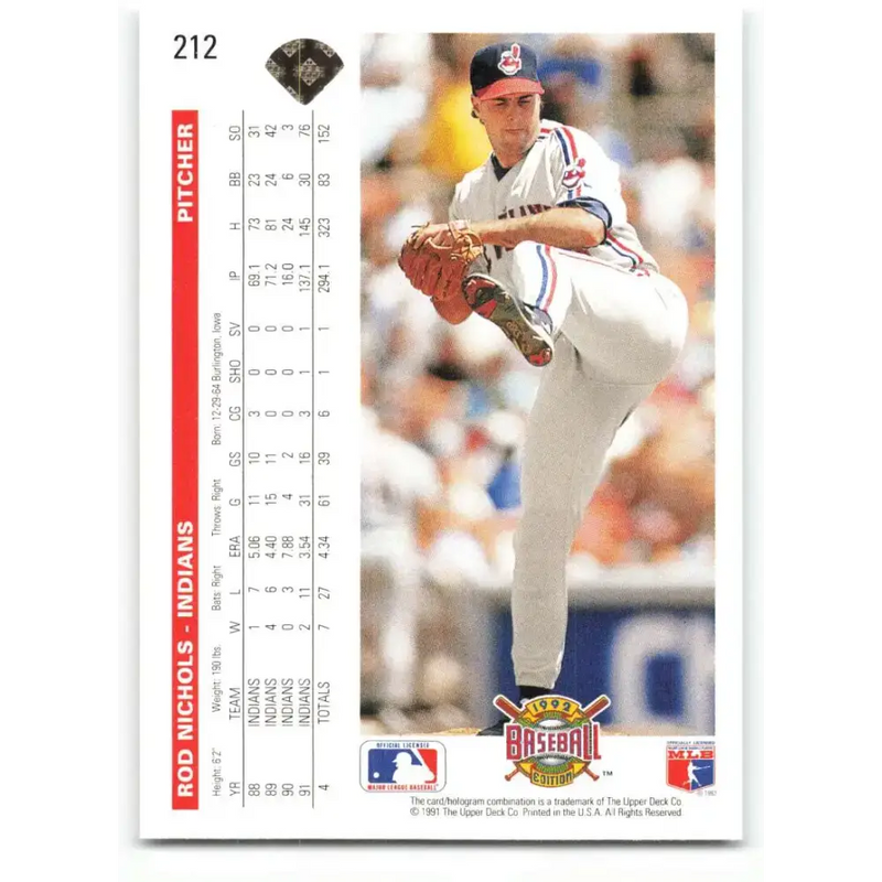 1992 Upper Deck #212 Rod Nichols NM-MT Cleveland Indians Baseball Card - Baseball Card Single