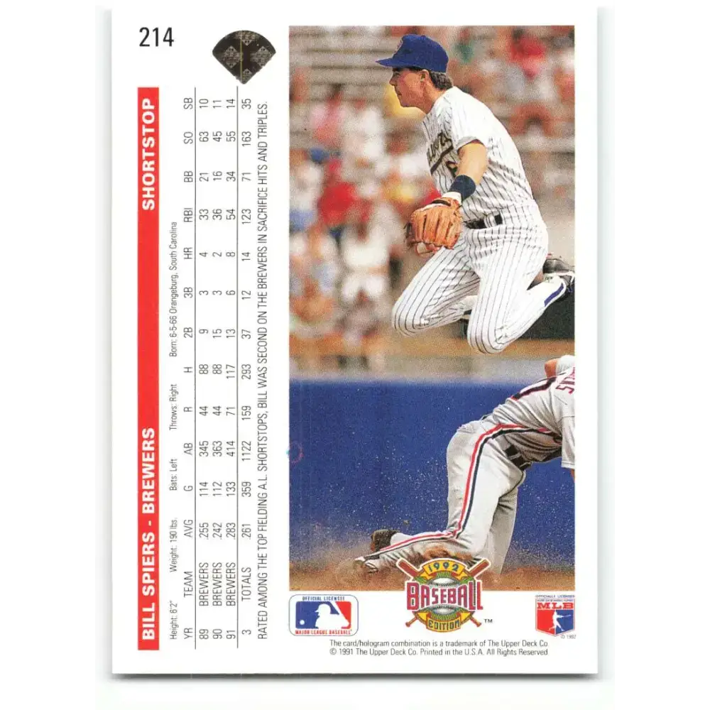 1992 Upper Deck #214 Bill Spiers NM-MT Milwaukee Brewers Baseball Card - Baseball Card Single