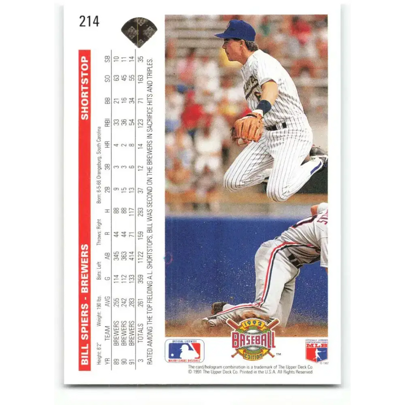 1992 Upper Deck #214 Bill Spiers NM-MT Milwaukee Brewers Baseball Card - Baseball Card Single