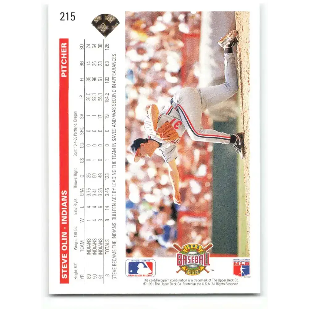 1992 Upper Deck #215 Steve Olin NM-MT Cleveland Indians Baseball Card - Baseball Card Single