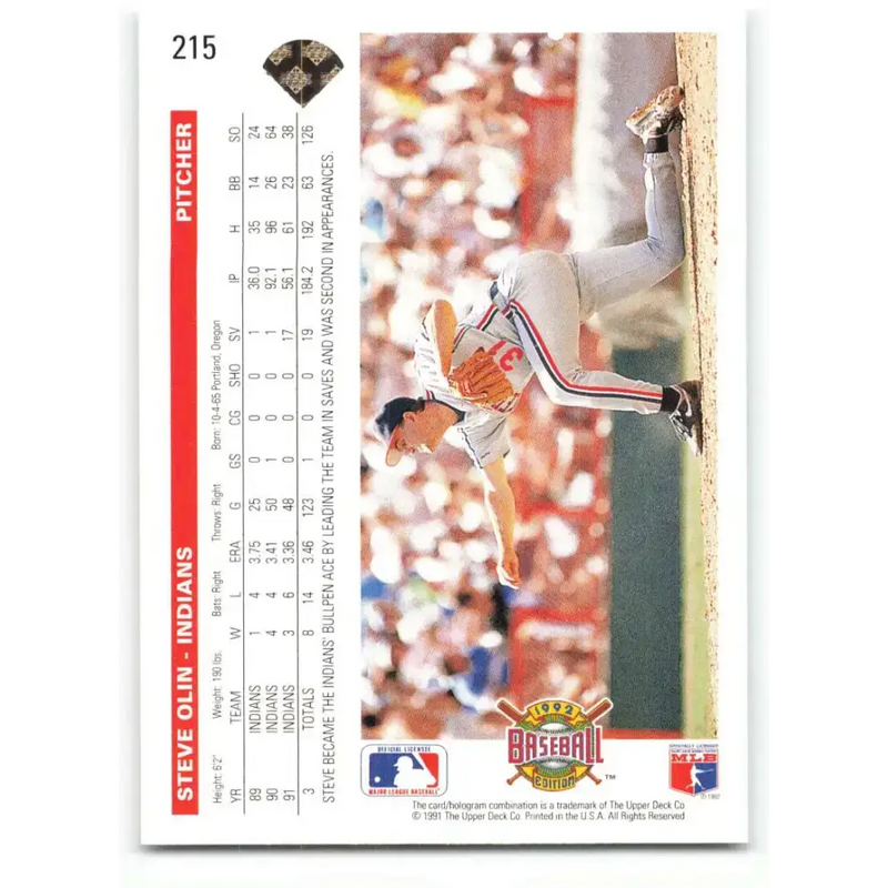 1992 Upper Deck #215 Steve Olin NM-MT Cleveland Indians Baseball Card - Baseball Card Single