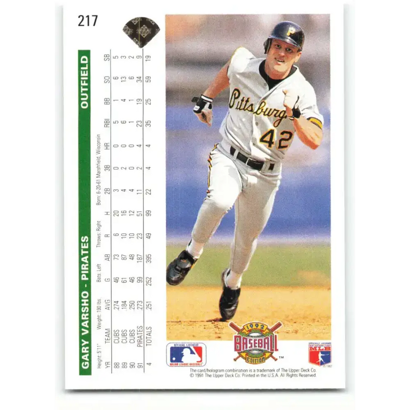 1992 Upper Deck #217 Gary Varsho NM-MT Pittsburgh Pirates Baseball Card - Baseball Card Single