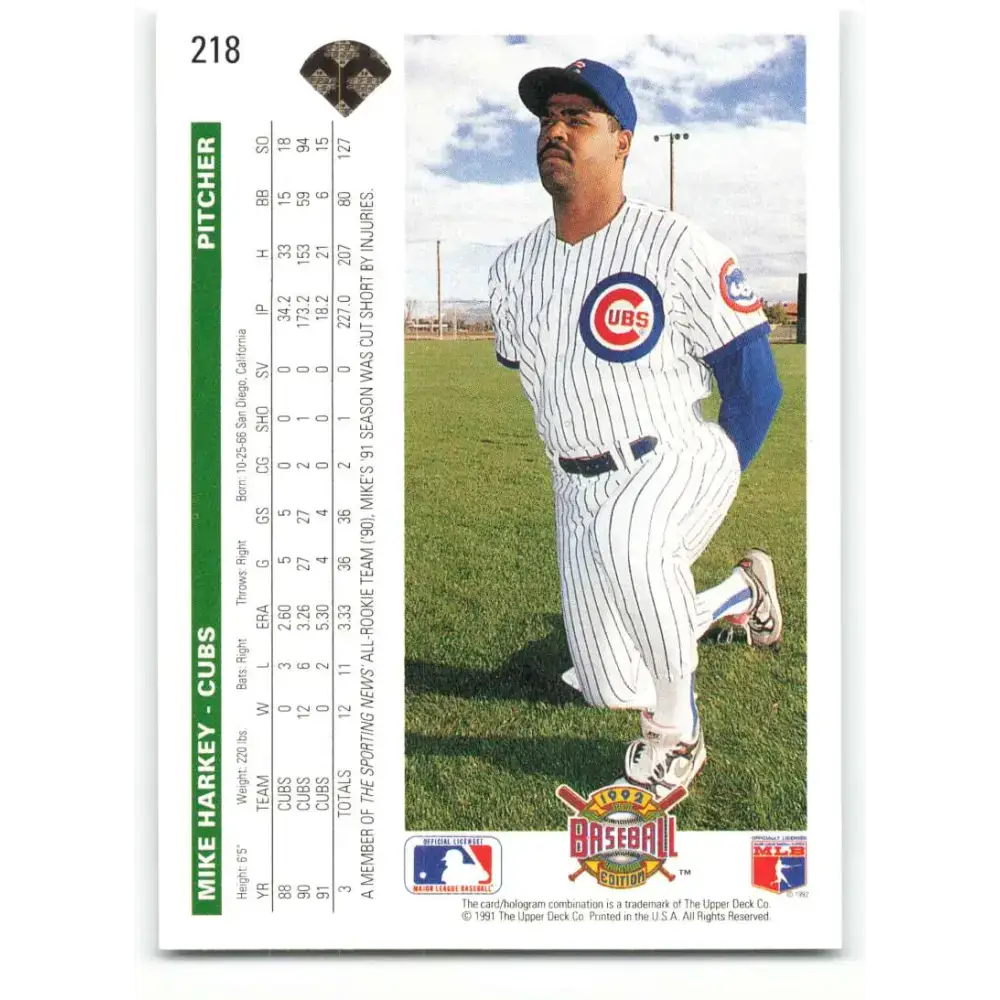 1992 Upper Deck #218 Mike Harkey NM-MT Chicago Cubs Baseball Card - Baseball Card Single