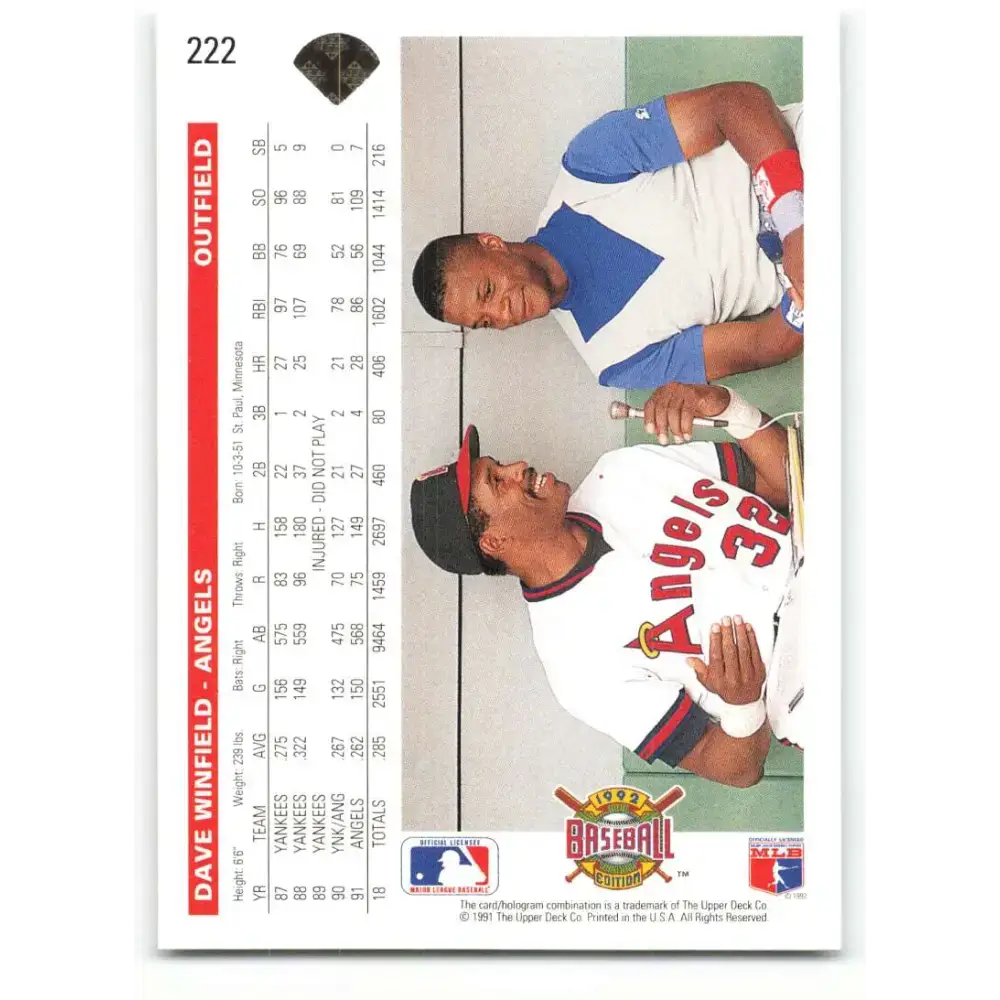 1992 Upper Deck #222 Dave Winfield NM-MT California Angels Baseball Card - Baseball Card Single
