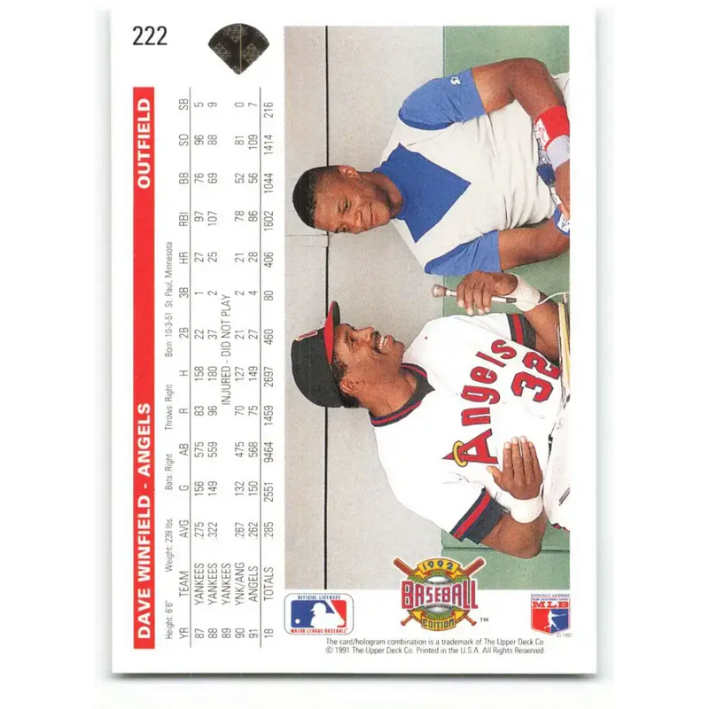 1992 Upper Deck #222 Dave Winfield NM-MT California Angels Baseball Card - Baseball Card Single