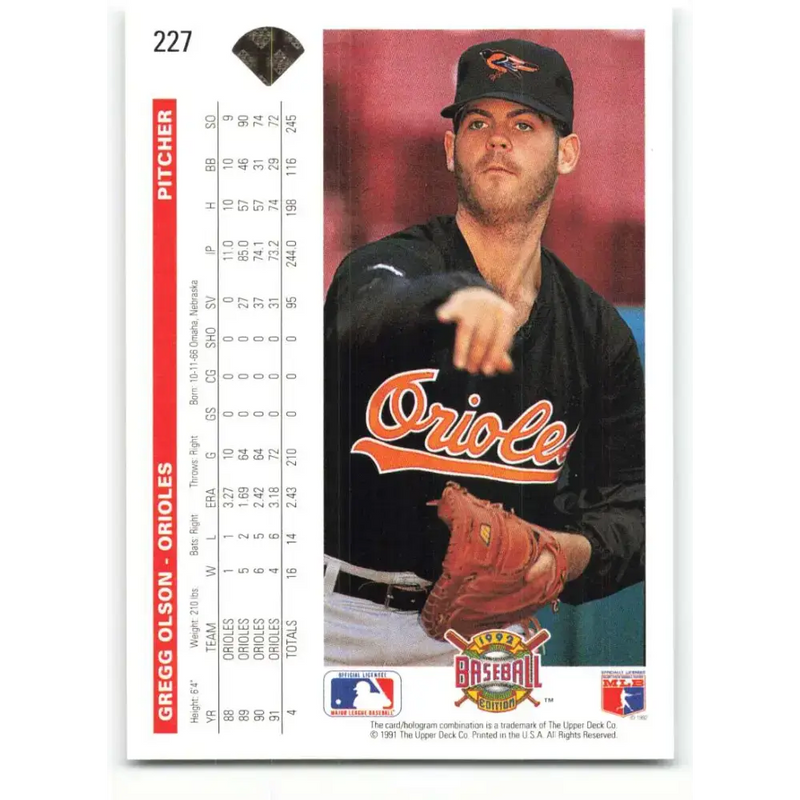 1992 Upper Deck #227 Gregg Olson NM-MT Baltimore Orioles Baseball Card - Baseball Card Single