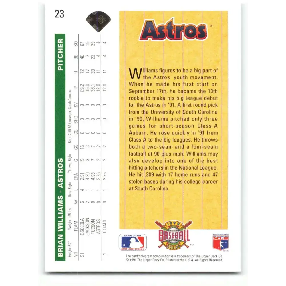 1992 Upper Deck #23 Brian Williams NM-MT RC Rookie Houston Astros Baseball Card - Baseball Card Single