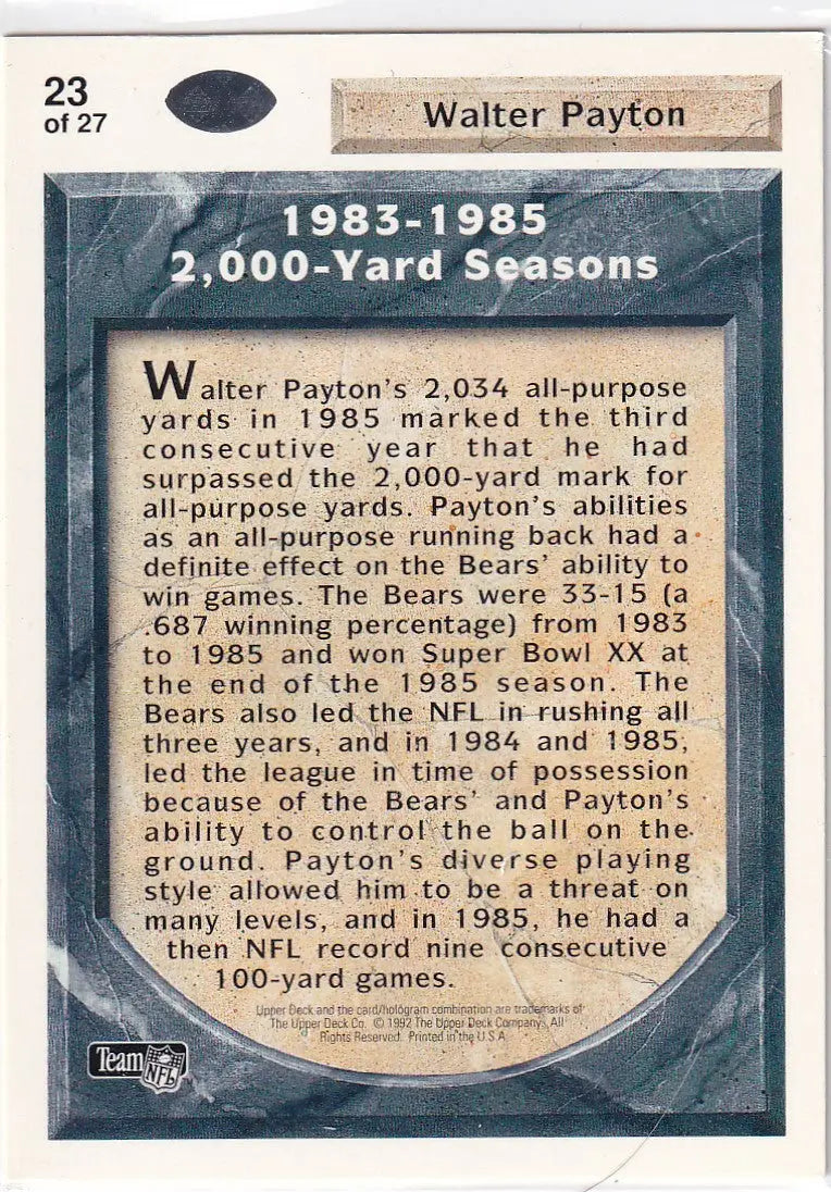 1992 UPPER DECK #23 WALTER PAYTON- CHICAGO BEARS