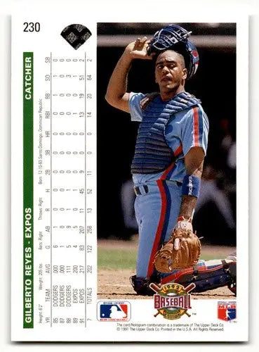 Baseball card back of 1992 Upper Deck #230 Gilberto Reyes Montreal Expos baseball card