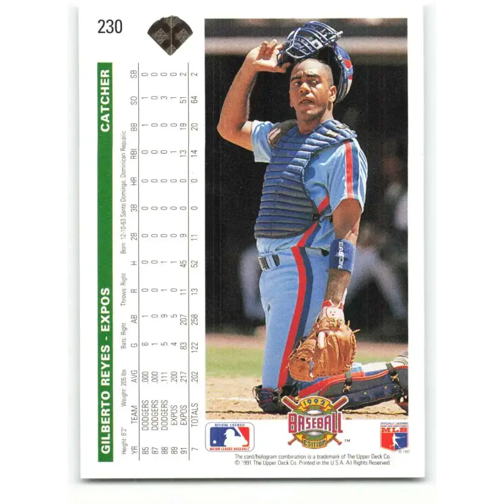 1992 Upper Deck #230 Gilberto Reyes NM-MT Montreal Expos Baseball Card - Baseball Card Single