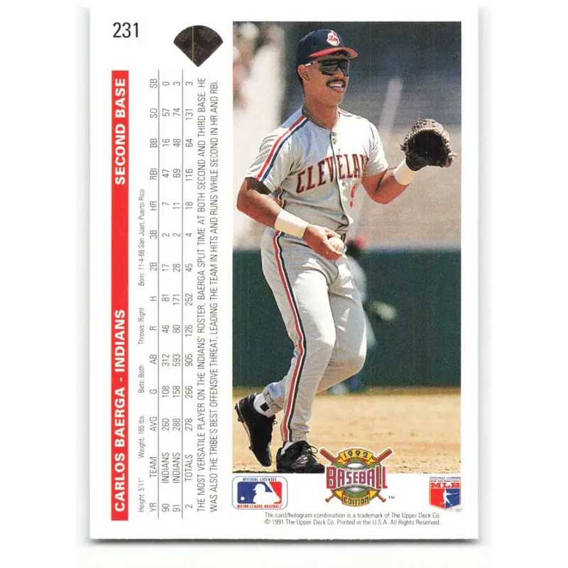 1992 Upper Deck #231 Carlos Baerga NM-MT Cleveland Indians Baseball Card - Baseball Card Single