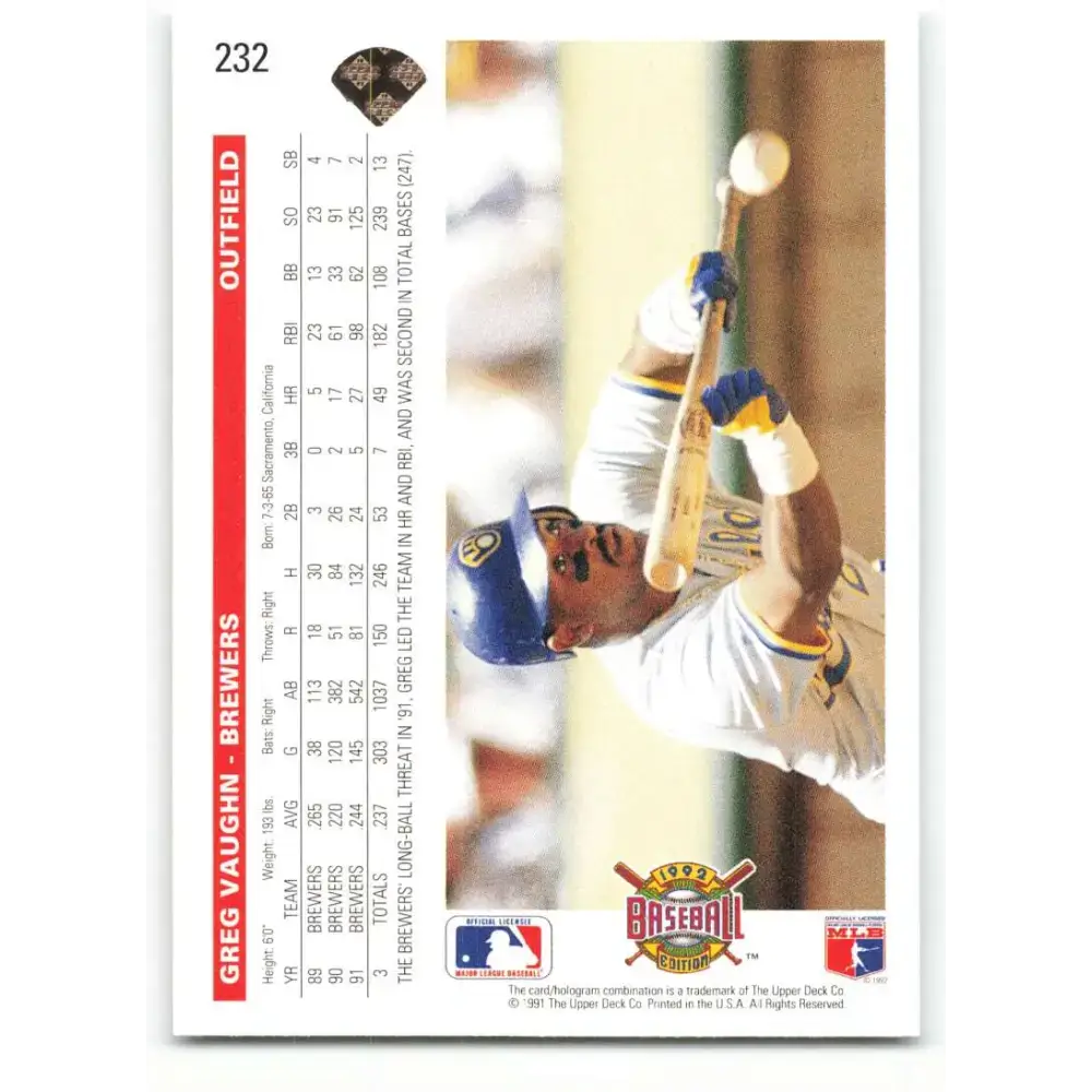 1992 Upper Deck #232 Greg Vaughn NM-MT Milwaukee Brewers Baseball Card - Baseball Card Single