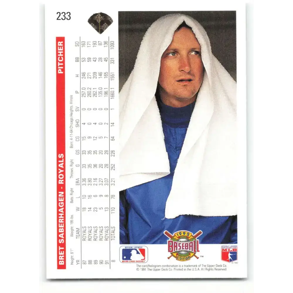 1992 Upper Deck #233 Bret Saberhagen NM-MT Kansas City Royals Baseball Card - Baseball Card Single