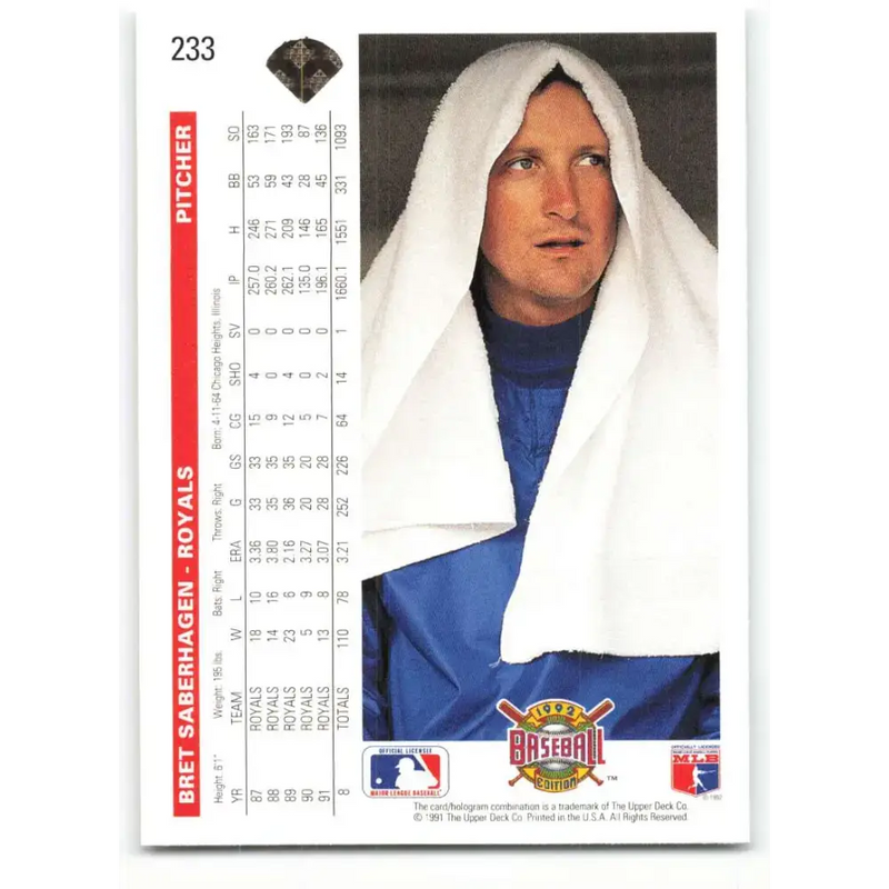 1992 Upper Deck #233 Bret Saberhagen NM-MT Kansas City Royals Baseball Card - Baseball Card Single