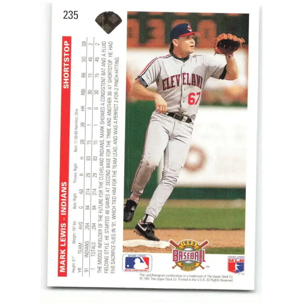 1992 Upper Deck #235 Mark Lewis NM-MT Cleveland Indians Baseball Card - Baseball Card Single
