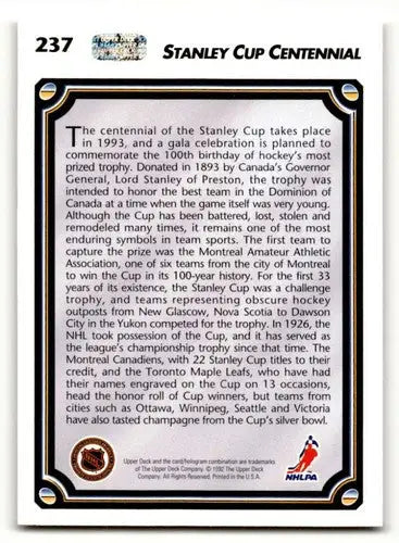 1992 Upper Deck #237 Stanley Cup Centennial ID:46814 - Hockey Card Single