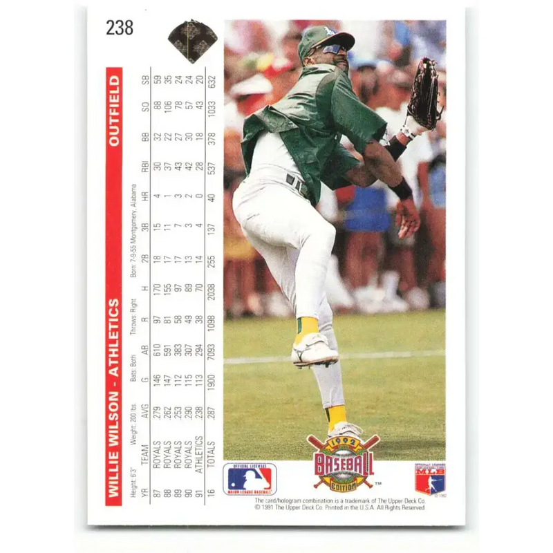 1992 Upper Deck #238 Willie Wilson NM-MT Oakland Athletics Baseball Card - Baseball Card Single