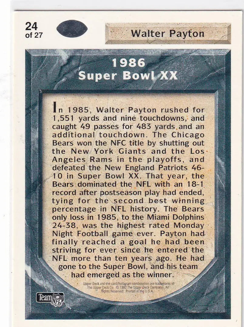 1992 UPPER DECK #24 WALTER PAYTON- CHICAGO BEARS