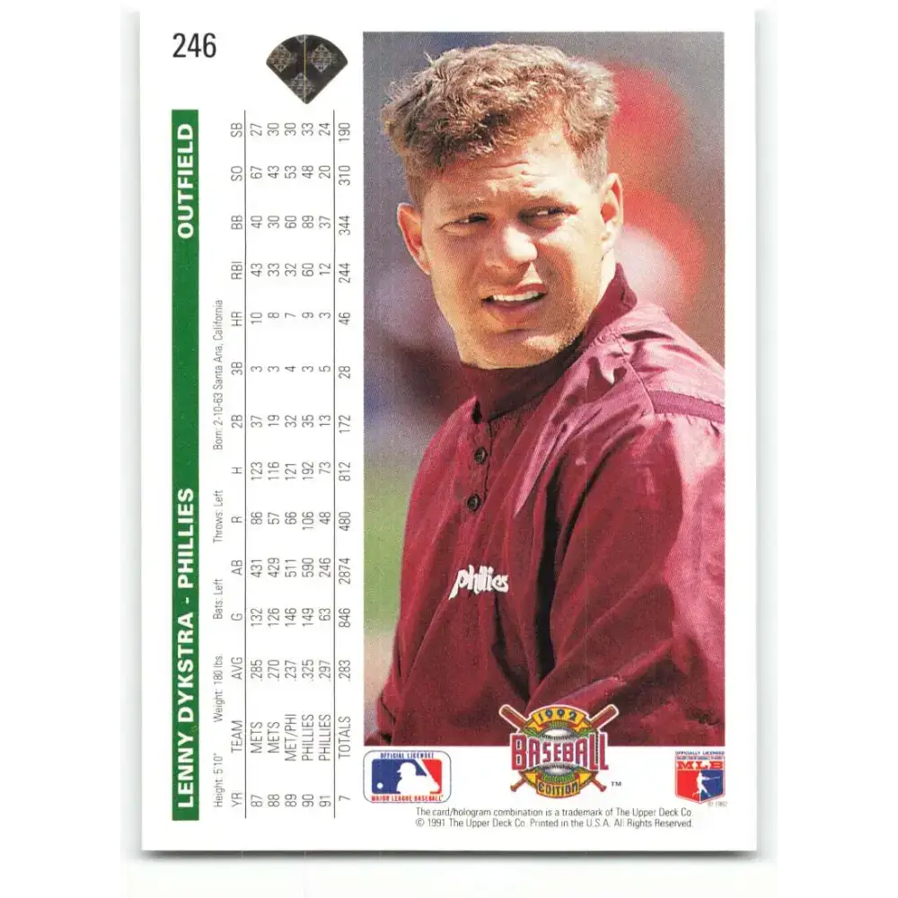 1992 Upper Deck #246 Lenny Dykstra NM-MT Philadelphia Phillies Baseball Card - Baseball Card Single
