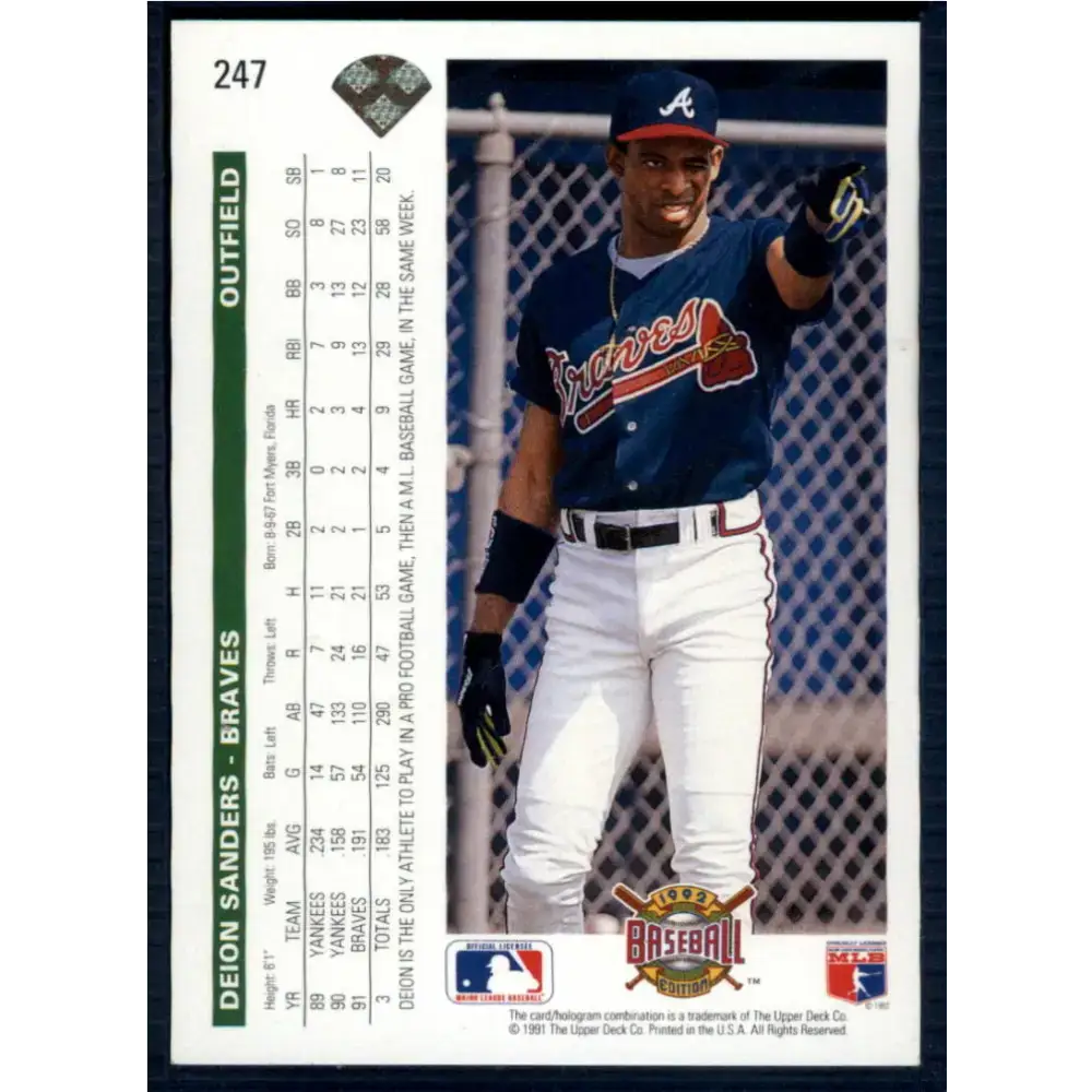 1992 Upper Deck #247 Deion Sanders NM-MT Atlanta Braves Baseball Card - Baseball Card Single