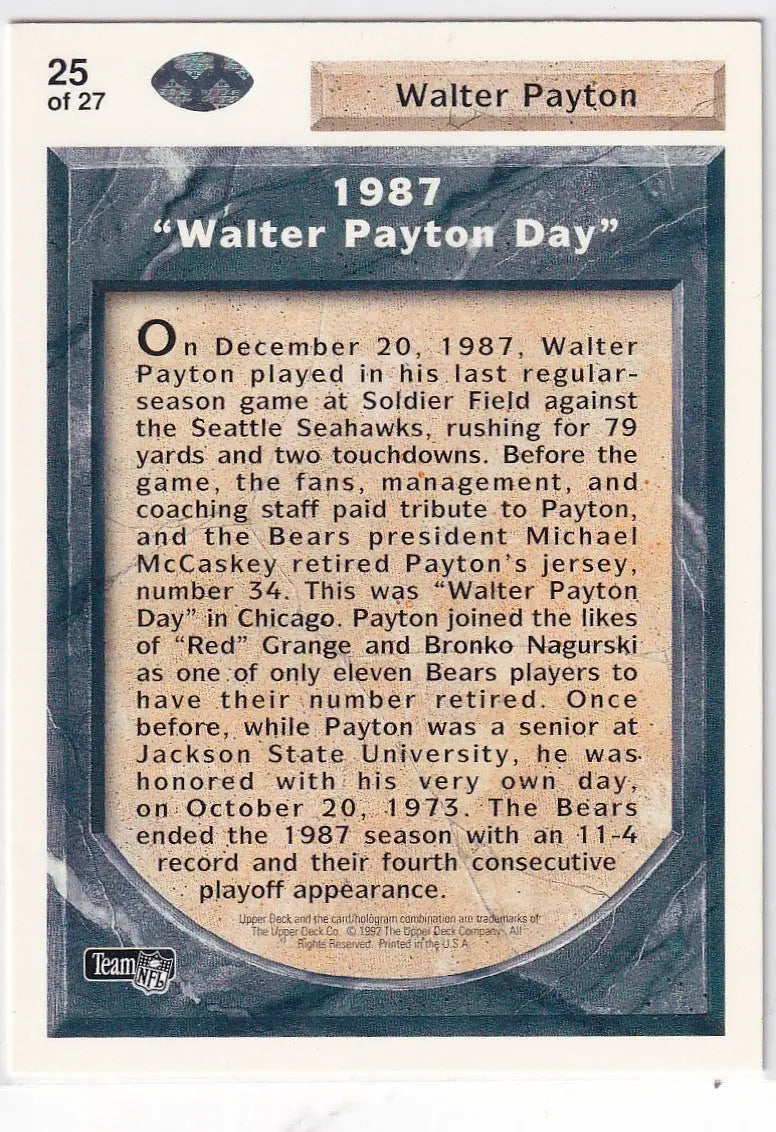 1992 UPPER DECK #25 WALTER PAYTON- CHICAGO BEARS