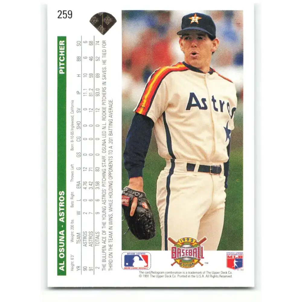 1992 Upper Deck #259 Al Osuna NM-MT Houston Astros Baseball Card - Baseball Card Single