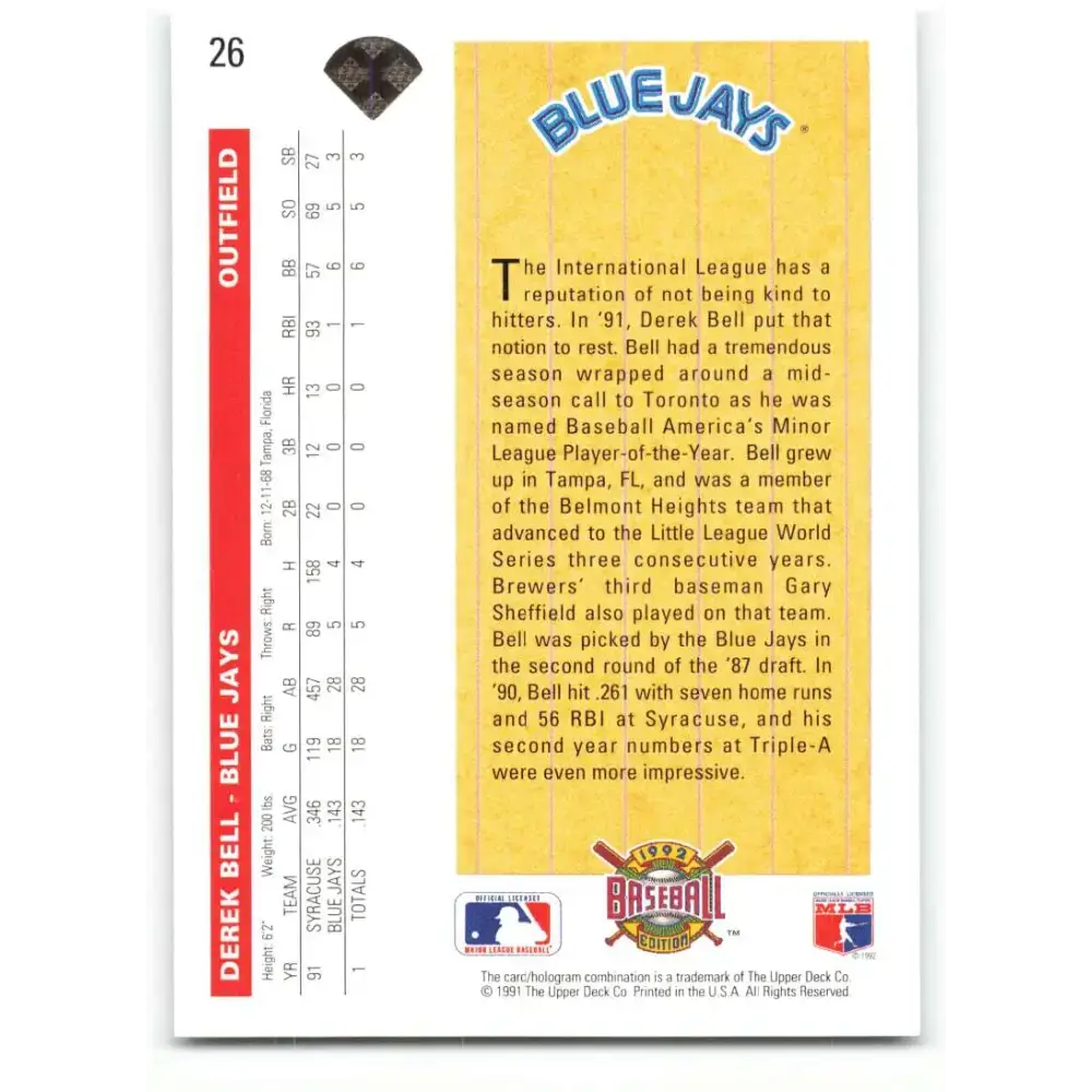 1992 Upper Deck #26 Derek Bell NM-MT Toronto Blue Jays Baseball Card - Baseball Card Single