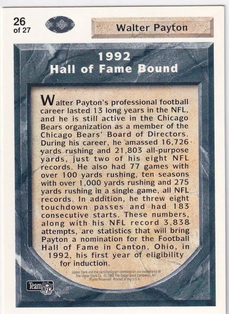 1992 UPPER DECK #26 WALTER PAYTON- CHICAGO BEARS