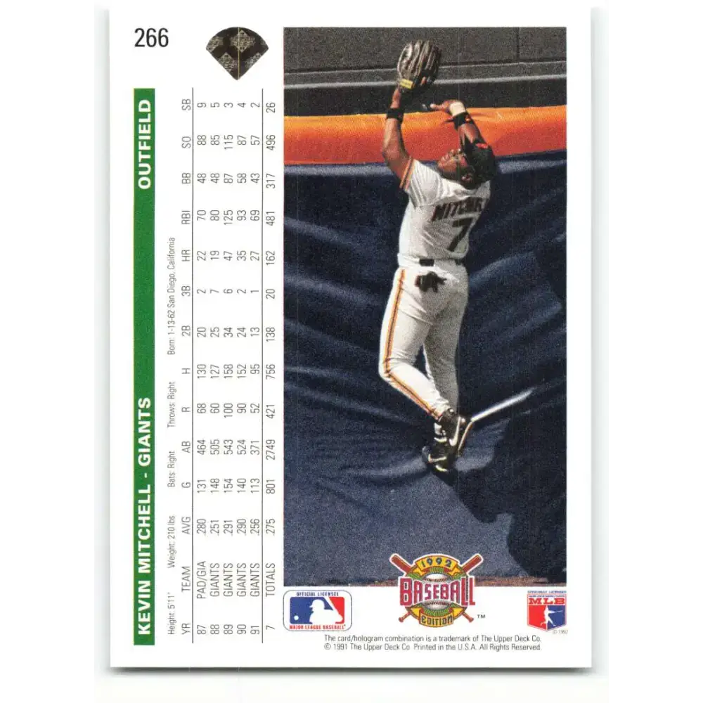 1992 Upper Deck #266 Kevin Mitchell NM-MT San Francisco Giants Baseball Card - Baseball Card Single