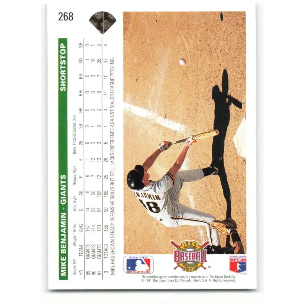 1992 Upper Deck #268 Mike Benjamin NM-MT San Francisco Giants Baseball Card - Baseball Card Single