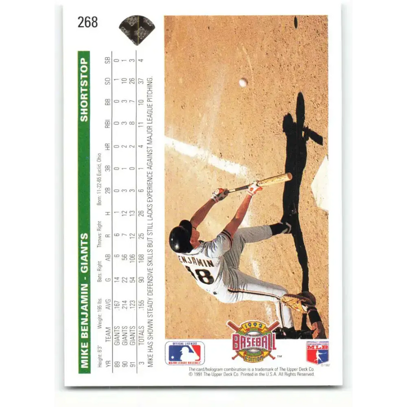 1992 Upper Deck #268 Mike Benjamin NM-MT San Francisco Giants Baseball Card - Baseball Card Single