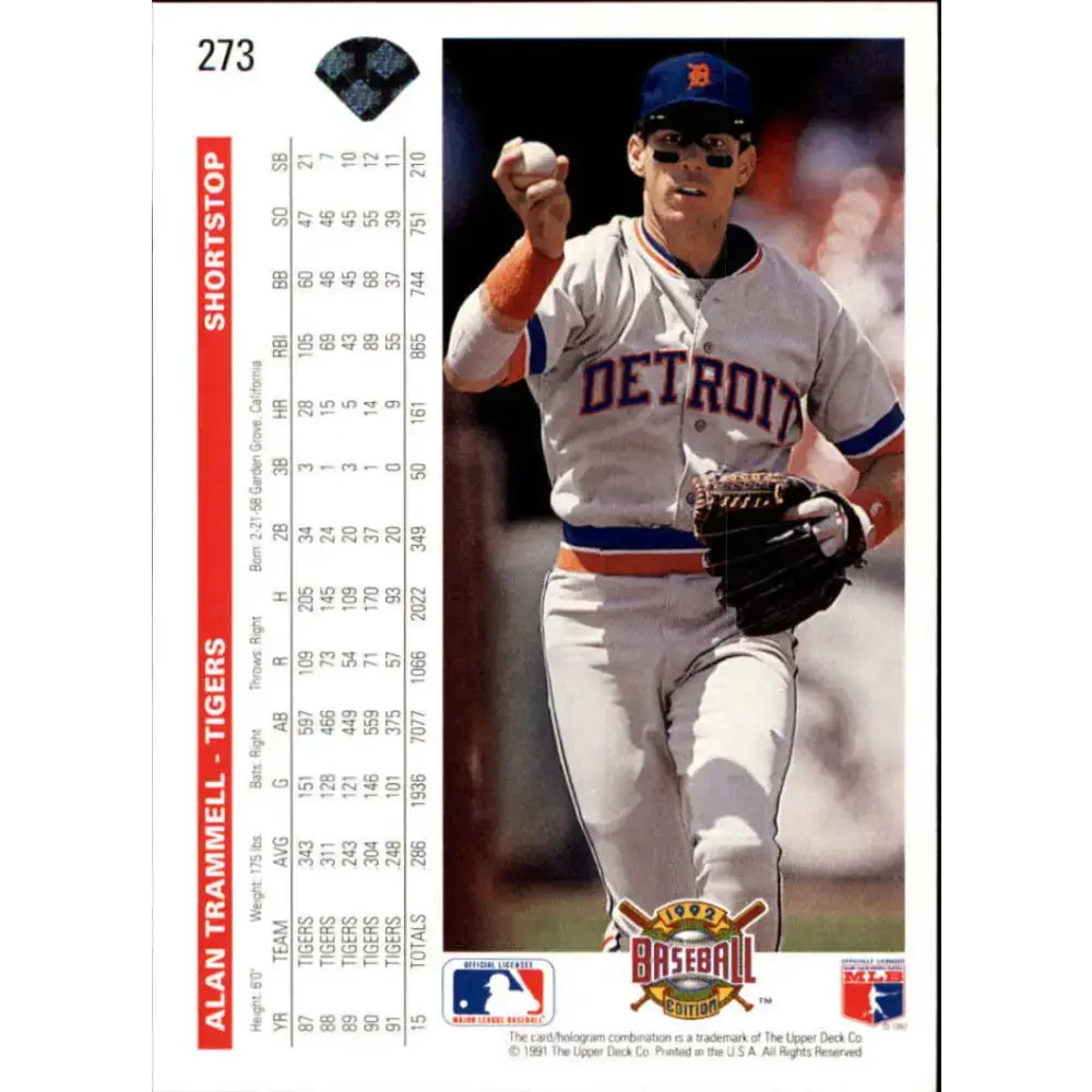 1992 Upper Deck #273 Alan Trammell NM-MT Detroit Tigers Baseball Card - Baseball Card Single