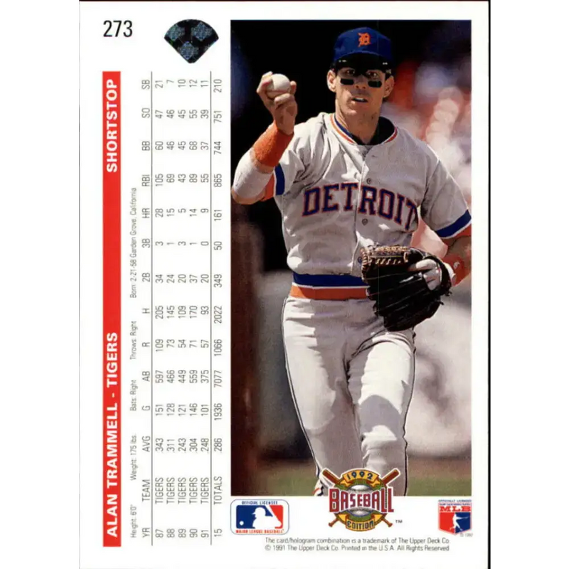 1992 Upper Deck #273 Alan Trammell NM-MT Detroit Tigers Baseball Card - Baseball Card Single